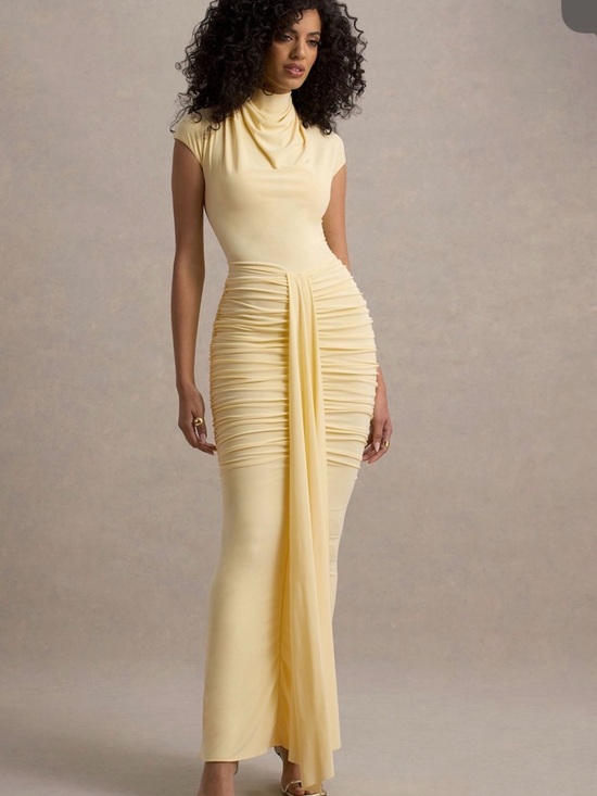 Club L London Dresses & Skirts - Club L London Pale Yellow Ruched Maxi Dress with Draped Front